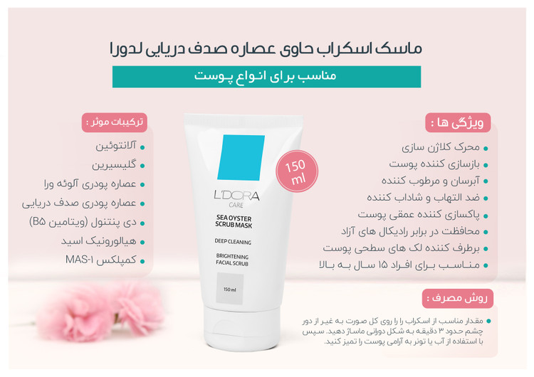 ماسک اسکراب صدفی دریایی لدورا: پاکسازی و لایهبرداری پوست برای نرمی و درخشندگی طبیعی.